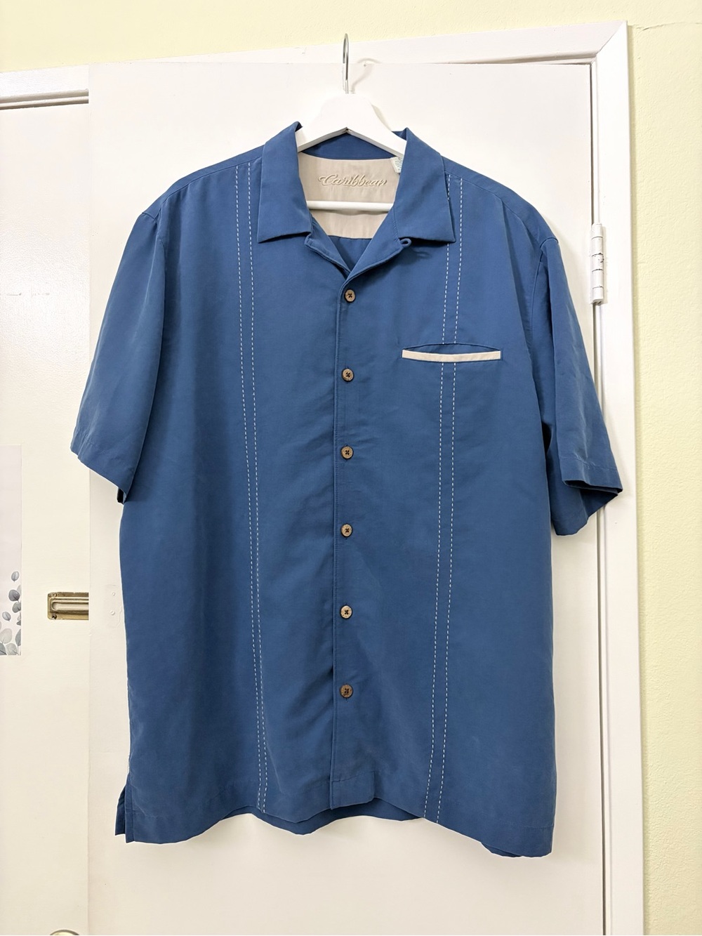 Caribbean Blue Modal Blend Cuban Camp Collar Button Front Shirt L Summer Resort